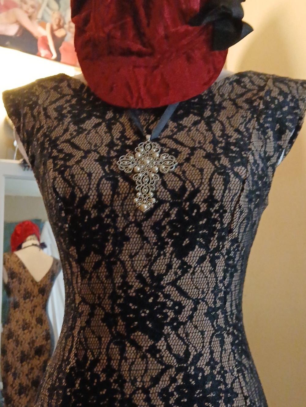 French Connection Black Lace Overlay Nude Sheath Dress